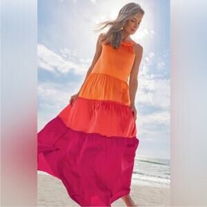 Soft Surroundings 100% Silk Tiered Sunset  Maxi Dress Halter Beachy Resort XL